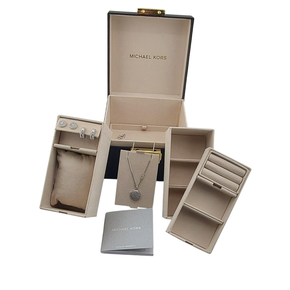 Michael Kors Sterling Silver Pave Jewelry Set Locket Necklace Earrings Boxed
